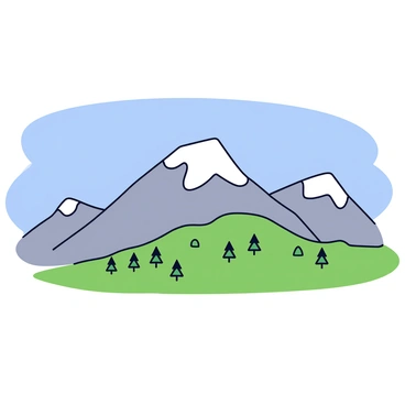 A majestic mountain range with sharp peaks and varying shades of gray and white. The mountains are depicted with snow caps at the highest points. Below the peaks, there are green slopes covered in scattered patches of trees. The sky is a clear blue with no clouds, creating a seamless transition to the distant horizon. The scene is devoid of any other elements, emphasizing the grandeur of the mountains and the clarity of the sky.