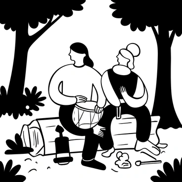 A hunter with a rugged appearance is sitting on a log in a forest, playing a rhythmic beat on a homemade wooden drum. The drum is round and slightly weathered, with visible wood grains and notches. Surrounding the hunter are tall trees with dense foliage, and the ground is covered in leaves and moss. The hunter wears a simple outfit made of natural materials, and there are various hunting tools scattered nearby. Sunlight filters through the branches, casting intricate shadows on the ground. The atmosphere is filled with a sense of focus and connection to nature.