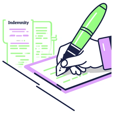 A close-up view of a hand holding a fountain pen, poised just above a contract of indemnity laid out on a wooden table. The hand is positioned carefully, with fingers wrapped around the pen. The wood of the table is visible, showcasing its texture and grain. The contract features clear text, with the word "Indemnity" prominently displayed at the top. Light reflects off the shiny nib of the fountain pen, emphasizing its elegance. In the background, hints of other documents and a subtle shadow can be seen, adding depth to the composition.