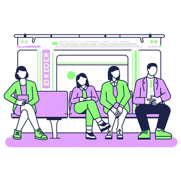 A group of commuters is seated on a subway train during rush hour. Each commuter has elongated features, including narrow faces and long limbs. They exhibit thoughtful expressions as they stare into the distance or down at their devices. The seating arrangement includes a mix of metallic benches and individual seats. Some commuters are dressed in formal attire, while others wear casual clothing, creating a diverse atmosphere. The subway interior features horizontal poles for support, and the walls display advertisements. The lighting is bright, casting subtle shadows on the floor.