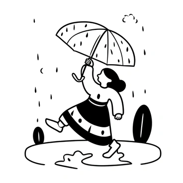 A cartoon girl wearing a colorful traditional dress holding a large umbrella above her head. She is jumping in a puddle, with water splashing around her feet. The background features raindrops falling and a few trees. The girl's hair is flowing with the movement, and the umbrella has a unique pattern on it. Small clouds can be seen in the sky.