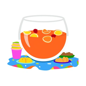 A large, clear glass punch bowl filled with a sparkling, fizzy drink that reflects various colors. The drink is adorned with an assortment of vibrant fruit slices, including bright orange oranges, deep red strawberries, and yellow lemons, all floating on the surface. The punch bowl is positioned on a festive party table, which is covered with a cheerful, patterned tablecloth. Surrounding the bowl are colorful paper cups and a few small plates with snacks, adding to the lively atmosphere of the party.