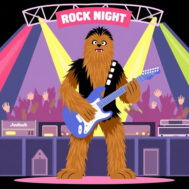A tall, furry Wookiee named "Chewbacca" stands center stage, holding an electric guitar. Chewbacca's hair is a deep brown with streaks of black, and he has bright, expressive eyes. He is wearing a spiked black leather vest, which enhances his rock star appearance. The electric guitar is a vibrant blue with silver details, gleaming under the stage lights. 

In the background, a large crowd of fans can be seen, cheering and waving their hands in excitement. Colorful stage lights in red, green, and yellow beam across the scene, illuminating Chewbacca and creating a lively atmosphere. Amplifiers and musical instruments are scattered around the stage, emphasizing the rock concert setting. A banner overhead reads "Rock Night", adding to the festive environment.