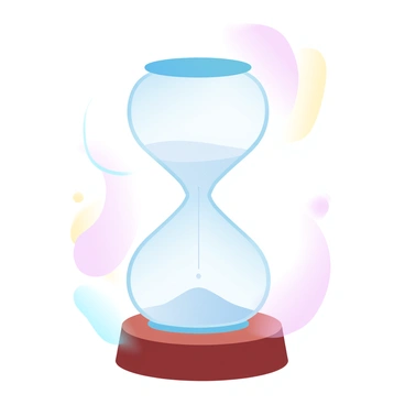 An hourglass sits on a wooden table, with fine sand flowing gracefully from the upper chamber to the lower one. The upper part of the hourglass is filled with almost all the sand, while the lower part is nearly full. The sand is cascading smoothly, creating a fine trail as it descends. Surrounding the hourglass, there are soft gradient pastel colors that blend seamlessly, enhancing the visual impact of the scene. The background is filled with soft hues of pink, blue, and yellow, adding to the overall aesthetic without drawing attention away from the hourglass.