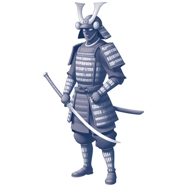 A samurai warrior with armor made of abstract digital code patterns