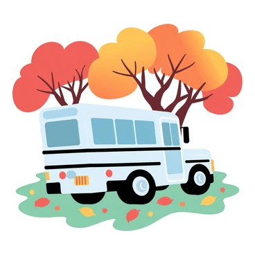 A white school bus is parked under a canopy of trees with vibrant autumn leaves. The trees exhibit a range of colors including rich oranges, deep reds, and bright yellows. A blanket of scattered leaves covers the ground around the bus, creating a striking contrast against the green grass. Sunlight filters through the branches, casting dappled shadows on the bus and surrounding area.
