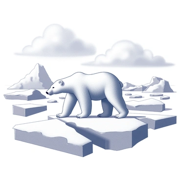 A polar bear walking across a field of icebergs. The icebergs have jagged edges and vary in size and shape, creating an uneven terrain. The sky above is filled with dense clouds, casting shadows over the landscape. The polar bear is depicted in a natural walking stance, with its paws making contact with the icy surface. The overall scene emphasizes the vastness of the icy environment and the starkness of the bear’s presence within it.