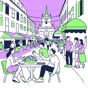A bustling street festival is taking place in Grenoble during the night. Groups of people are gathered, chatting and laughing, with some sitting at small tables outside. Colorful stalls line the sides of the street, displaying various goods and food items. In the foreground, a couple is sharing a large plate of food while another group of friends is holding drinks. String lights are hanging above, creating a festive atmosphere. In the background, a historic building is illuminated, adding to the charm of the scene.