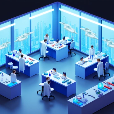 A futuristic innovation lab filled with advanced technology and sleek workstations. Bright LED lights illuminate the space, highlighting various high-tech equipment. Scientists in white lab coats are conducting "PMAT" experiments at multiple stations. Holographic displays project data and models above the work surfaces. Large glass windows showcase a cityscape with flying vehicles outside. Various tools and instruments are neatly organized on the surfaces, indicating a busy and productive environment.
