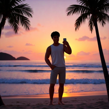 A person with medium skin tone and short black hair is standing on a sandy beach during sunset. They are holding a Samsung Galaxy phone and are focused on capturing the vibrant colors of the sky. The sunset shows a blend of orange, pink, and purple hues. The ocean waves gently lap at the shore, reflecting the warm colors of the sky. In the background, silhouettes of palm trees frame the scene, enhancing the tropical atmosphere. The person's outfit is casual, consisting of a light tank top and shorts, suitable for a warm evening by the beach.