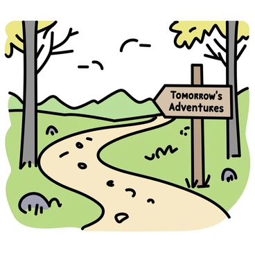 A dirt hiking trail winding through lush greenery, surrounded by tall trees and vibrant underbrush. A wooden signpost, weathered and rustic, stands at the edge of the path, with the words "Tomorrow's Adventures" clearly engraved on it. Sunlight filters through the leaves, casting dappled shadows on the ground. In the background, distant hills rise gently, completing the serene natural landscape.
