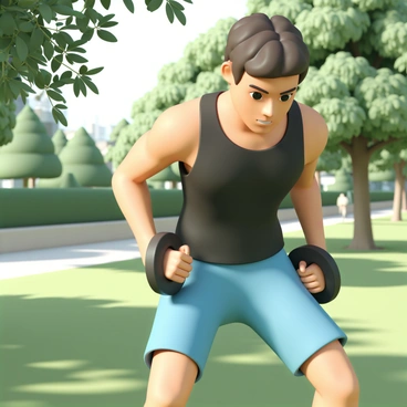 A person performing the "dumbbell bent over row" exercise. The individual has short brown hair and is wearing a black tank top and blue athletic shorts. They are bent over with a slight arch in their back, holding a dumbbell in each hand. The setting is a scenic park with lush green grass and a variety of trees in the background. Sunlight filters through the leaves, creating dappled patterns on the ground. The person's muscles are visibly engaged as they pull the dumbbells toward their torso.
