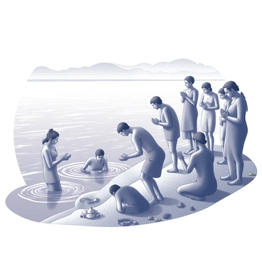 A group of devotees is gathered by the banks of the Ganges River. They are engaged in taking a holy dip, their expressions reflecting devotion and reverence. The river flows steadily, with gentle ripples visible on the surface. Some devotees are seen submerging themselves in the water, while others stand at the edge, palms joined in prayer. The scene features traditional attire, with many individuals wearing simple, flowing garments. The atmosphere is filled with a sense of community and spirituality as people participate in rituals, with offerings placed on the riverbank. Surrounding the area, there are elements of nature, such as trees and the distant horizon, which help frame the sacred setting.