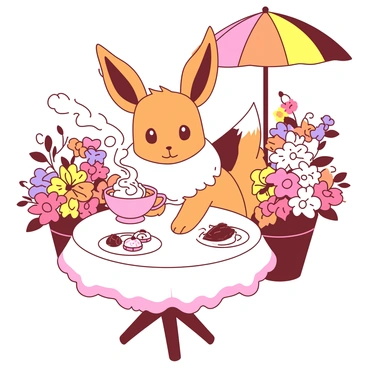 An orange Eevee is sitting comfortably at a small round café table surrounded by vibrant flowers. The table has a white tablecloth with a delicate lace trim. In front of the Eevee is a steaming cup filled with a warm drink, topped with a swirl of whipped cream. The Eevee is holding the cup with both paws, savoring the aroma. Nearby, there is a small plate with a few colorful pastries. The scene is set in a sunlit outdoor café, with charming umbrellas providing shade.