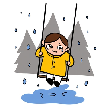 A child with light skin and big eyes is sitting on a swing. The child has short brown hair and is wearing a yellow raincoat. Tears are streaming down the child's cheeks, showing crying eyes. The child appears deep in thought, suggesting a daydream. Soft raindrops are falling from a grey sky, creating small splashes on the ground below. In the background, there are blurred outlines of trees, adding to the atmosphere of a rainy day.