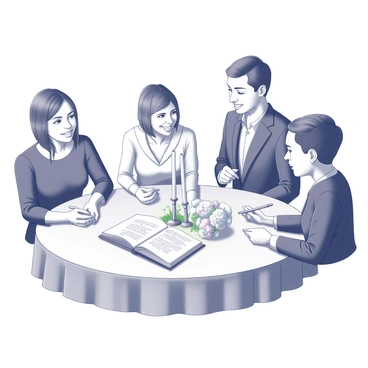 A wedding reception table is elegantly set up with a beautifully designed guest book placed prominently in the center. Several guests are gathered around the table, each holding a pen. One guest has their head tilted slightly as they concentrate on writing a message in the guest book. Another guest is smiling as they look over at a friend, while a third guest has just finished signing and is closing the book gently. The table is adorned with decorative floral arrangements and shimmering candles, creating a warm and inviting atmosphere.