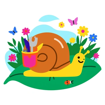 A smiling snail with a shiny, textured shell is crawling slowly along a vibrant green leaf. The snail has a tiny, colorful backpack secured to its shell, filled with miniature gardening tools. Surrounding the snail, a beautiful garden bursts with life, featuring bright flowers in shades of pink, yellow, and blue. Butterflies flutter around, and a small ladybug crawls nearby on the leaf. The sunlight filters through the leaves, casting playful shadows on the ground.