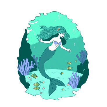 A teal mermaid with shimmering scales is gracefully swimming in a white underwater grotto. Her long flowing hair is intertwined with colorful seaweed. Surrounding her are a school of small, curious fish in vibrant hues, swimming closely around her. The water is sparkling with light reflections, creating a magical atmosphere within the grotto. Coral formations in various shapes and sizes are visible in the background, adding to the enchanting underwater scene.
