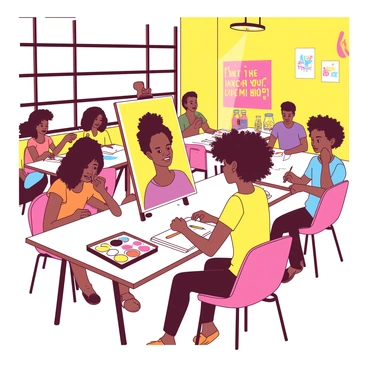 A bright yellow art classroom filled with students working on self-portraits. Each student is sitting at a white table, surrounded by colorful art supplies, such as brushes, paint palettes, and sketchbooks. One student with curly hair is intently painting a self-portrait on a large canvas, while another is sketching with a pencil in a smaller notebook. The walls are decorated with vibrant artwork and motivational posters. Natural light streams in from large windows, illuminating the students' concentrated expressions.