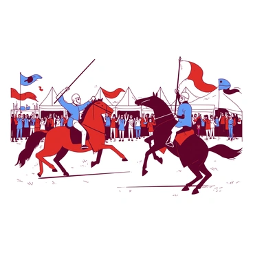 A red knight in shining armor is charging on a galloping horse towards an opponent in a blue tunic. The two knights are poised with lances aimed at each other, creating a sense of tension in the air. Surrounding the jousting field, a crowd of spectators is standing, some waving banners while others are raising their arms in excitement. Colorful flags are fluttering in the breeze, adding to the lively atmosphere of the tournament. In the background, tents are set up, and a few children are playing near the entrance to the festival area.