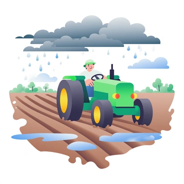A muddy green tractor is plowing through a wet field, leaving behind deep furrows in the soil. The ground is saturated with rain, creating small puddles that reflect the dark, overcast sky above. Dark gray clouds loom ominously, casting a shadow over the landscape. Raindrops are visibly falling, creating ripples in the puddles around the tractor's wheels. In the background, there are patches of wet grass and distant trees, their leaves glistening with moisture. The tractor's wheels are caked with mud, showcasing its hard work in the challenging weather conditions.