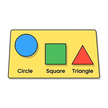 A flashcard with a bright yellow background. In the center, there is a large blue circle. Next to it, there is a green square, and next to that, a red triangle. Each shape has its name written underneath in bold, clear letters: "Circle" under the blue circle, "Square" under the green square, and "Triangle" under the red triangle. The overall design is fun, with a slight shadow under each shape to give it dimension.