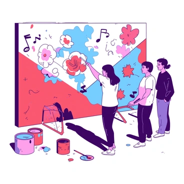 An artist is standing in front of a large wall, actively painting a vibrant mural. The mural features various elements symbolizing creativity, such as bright flowers, abstract shapes, and musical notes, all intertwined in a harmonious design. The wall is a mix of colors, with sections of red and blue prominently displayed. The artist, dressed in casual clothing splattered with paint, is holding a brush and applying bold strokes to the mural. Nearby, there are paint cans scattered on the ground, filled with an array of colors. A few onlookers are gathered to watch the artist work, with expressions of admiration on their faces.