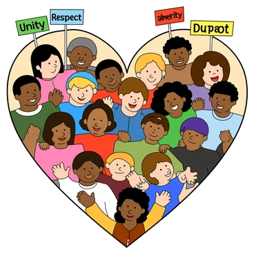A large heart shape filled with a variety of people of different ethnicities and ages, all holding hands together. Each person is depicted in a playful and cartoon-like manner, showcasing unique features and clothing styles. Above and around the heart, there are colorful labels attached that highlight community values such as "Unity," "Respect," "Diversity," and "Support." The labels are designed in bright colors and fun fonts, adding a lively feel to the illustration. The overall composition emphasizes togetherness and harmony among the diverse individuals.