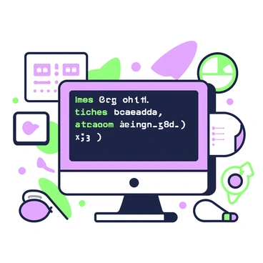 An illustration of a computer screen displaying a DOS interface. The screen features lines of text in a terminal format, with commands written in a clear, digital font. Various interface elements, such as a blinking cursor and a command prompt labeled "C:\>", are visible. Surrounding the screen, there are graphical representations of folders and files, depicted as simple icons. The background has geometric shapes that suggest a digital environment.