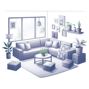 A living space filled with various houseplants in decorative pots, some hanging from the ceiling and others placed on shelves. Textiles drape over furniture, including a large, patterned throw on a comfortable sofa and woven rugs on the floor. Artistic decor is displayed on the walls, featuring an assortment of framed prints and handmade crafts. The arrangement is casual yet inviting, with a small coffee table at the center, surrounded by cushions of different shapes and sizes. Natural light filters through a nearby window, illuminating the space.