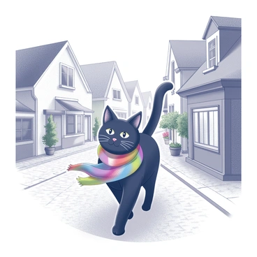 A black cat walking confidently down a cobblestone street. The cat is wearing a colorful scarf around its neck, which flows gently as it strides. The background features quaint village houses with charming architecture, including gabled roofs and small flower boxes under the windows. There are cobblestone paths and a few scattered trees lining the street. The scene captures the cat's stylish appearance as it navigates through the village.
