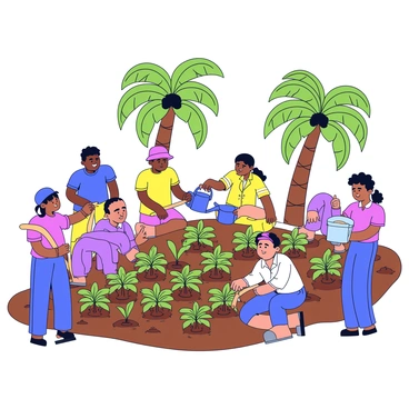 A group of diverse farmers actively working together in a community palm oil farm. The farmers represent different ethnic backgrounds, showcasing a mix of clothing styles reflecting their cultures. Some farmers are planting young palm oil seedlings in rows, while others are tending to the existing plants, ensuring they are healthy. A few farmers are collaborating to gather tools, like shovels and watering cans, creating a sense of teamwork. In the background, there are tall palm oil trees with green leaves, bathed in natural sunlight. The ground is rich and brown, showing signs of recent cultivation.