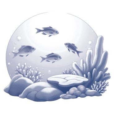 An underwater scene showcasing various species of fish swimming gracefully among coral reefs. The coral structures are diverse in shape and size, with intricate details visible in their textures. The fish display distinctive shapes and patterns as they navigate through the aquatic environment. Sunlight filters down from the surface, casting a soft glow on the vibrant reef life below. Bubbles can be seen trailing from the fish as they move, adding a dynamic element to the scene.