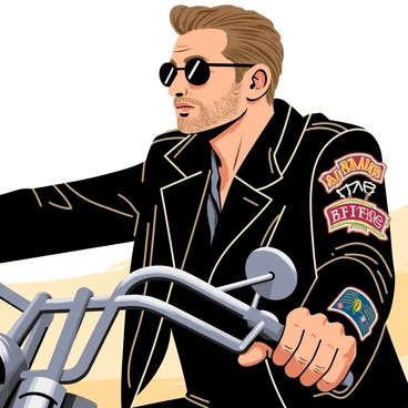 A close-up of a biker wearing a classic black leather jacket with intricate, colorful patches sewn onto the sleeves and back. The biker has a rugged, weathered face with a strong jawline, and is sporting a pair of dark sunglasses reflecting the surroundings. His hands grip the handlebars of a motorcycle, with the shiny chrome details glinting in the light. The texture of the leather jacket is visible, showcasing its wear and character. The background features blurred hints of the open road, emphasizing the biker's adventurous spirit.