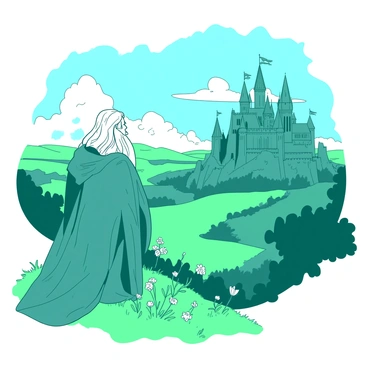 A teal wizard named "Merlin" stands on a grassy hill, gazing at the grand "castle of Camelot" in the distance. The castle features tall towers with banners flying from the tops, surrounded by an expansive landscape of rolling hills and trees. The sky above is blue with fluffy clouds drifting by. Merlin's long, flowing robe sways gently in the breeze, and his long beard catches the light. In the foreground, flowers bloom vibrantly on the hill, adding to the scene's beauty.