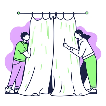 A heavy curtain hangs between two figures, creating a divide. To the left, a person with short hair is peering through the fabric, their expression revealing curiosity. They are wearing a fitted shirt and jeans. To the right, another figure, with long hair tied back, is also glancing through the curtain. This person is dressed in a sweater and loose pants. The curtain itself has a textured appearance, and the space around them suggests a dimly lit room, adding to the atmosphere of intrigue.