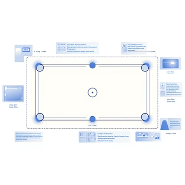 A detailed blueprint sketch of a billiard table is laid out on a white background. The table is rectangular and features rounded corners. Clear measurements are indicated in black, with lines extending from the edges showing the dimensions. The center of the table includes a dotted line marking the spot for the cue ball. There are notes in blue ink detailing the specifications of the table, including material types and design features. The pockets of the table are illustrated on each corner and in the middle of the longer sides, with additional notes describing their shapes and sizes. Various angles and side views of the table are incorporated in the corners for further clarification.