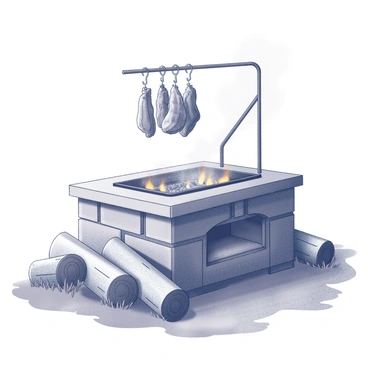 A rustic BBQ pit made of stone and metal, positioned in an outdoor setting. The pit is filled with glowing embers and smoke rising from it. Above the pit, several pieces of meat are hanging from metal hooks, slowly cooking over the heat. Surrounding the area are logs stacked neatly, some of them partially burnt, while others are ready to be used. The ground is uneven, covered with patches of grass and dirt, enhancing the rustic feel of the scene. In the background, there are hints of trees, suggesting a natural environment.