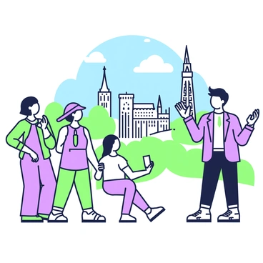 An engaging host is standing in front of a group of tourists, enthusiastically sharing information about the sights. The host has a microphone in one hand and gestures with the other, directing attention towards the famous landmarks in the background. In the scene, iconic structures like a tall tower and a historic building are clearly visible. The group is diverse, consisting of individuals of various ages and ethnicities, all listening attentively. Some participants are taking photos, while others are looking at the landmarks with interest. The setting is lively, with a clear blue sky above.