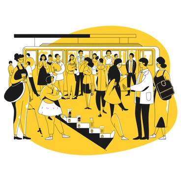 A subway platform filled with a large number of commuters during rush hour. People of various ages and ethnicities are standing and waiting. Some are looking at their phones, while others are engaged in conversation. A woman with a backpack is holding a coffee cup, and a man in a suit is checking the train schedule on a screen. In the background, a train is arriving, with doors opening to allow passengers to disembark. The atmosphere is busy, with some commuters rushing to catch their train.