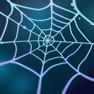 A close-up of an intricate and symmetrical spider web. The web is made of fine, glistening threads that are woven together in a complex geometric pattern. Dew drops are delicately resting on the strands, reflecting light like tiny prisms. The background is softly blurred, emphasizing the web's details, which include various knots and intersections, enhancing its complexity. The overall scene showcases the precision and artistry of nature.