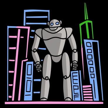 A sleek robot with a metallic silver finish is standing confidently among towering skyscrapers at night. The robot has smooth, angular features and glowing blue eyes. The skyscrapers around it are adorned with vibrant neon lights in shades of pink, green, and blue, which reflect brilliantly off the robot's polished surface. The scene conveys a sense of a bustling urban environment, with the robot positioned in the foreground, contrasting against the illuminated backdrop of the city skyline.