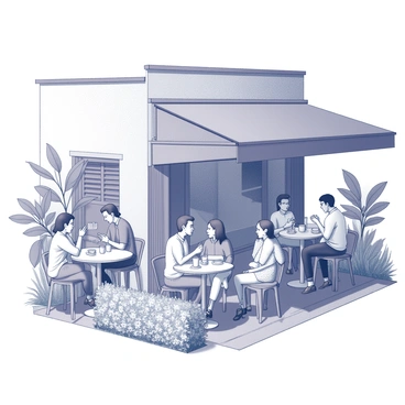 Several customers are seated at outdoor tables of a kopitiam. The tables are round with metal frames and patterned tablecloths. The patrons, consisting of various ages and ethnicities, are engaged in conversation while sipping beverages and enjoying local dishes. Surrounding them is an abundance of lush greenery, including tall leafy plants and small flowering bushes, creating a vibrant setting. The kopitiam has a traditional facade with wooden elements and an awning that provides shade for the customers.