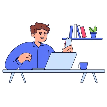 A person sitting at a simple desk with a laptop open in front of them. The individual has short brown hair and is wearing a blue shirt. They are focused on the laptop screen, holding a smartphone in one hand and gesturing with the other hand. The background features a simple bookshelf with a few books and a small potted plant. The scene is well-lit, emphasizing the person's engaged expression as they record the video tutorial.