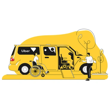 An Uber vehicle with a wheelchair ramp assisting a passenger into the car