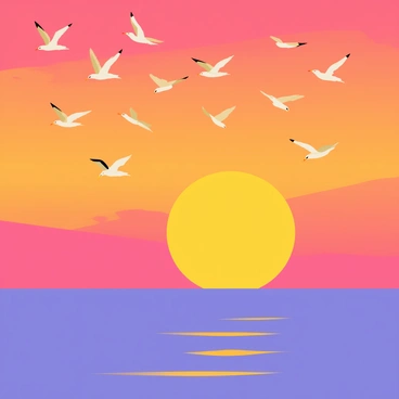 A vibrant sunset with a gradient of orange, pink, and purple hues filling the sky above the ocean. The sun is partially submerged on the horizon, casting a warm glow over the water. Silhouettes of several seagulls are flying gracefully against the colorful backdrop of the sky. Some seagulls are in a V formation while others are scattered, creating a dynamic scene. The gentle waves of the ocean reflect the colors of the sunset, enhancing the visual impact of the moment.