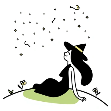 A witch, with long flowing black hair and wearing a dark cloak, is lying on a grassy hill. She is gazing up at the night sky filled with twinkling stars. The constellations above her are forming magical shapes like a crescent moon and a wand. The hill is gently sloping, and a few wildflowers are scattered around. The atmosphere is calm and tranquil as the witch observes the celestial display.