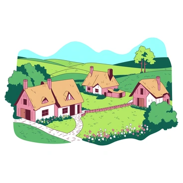 A quaint village with charming cottages is nestled in the English countryside. The cottages feature thatched roofs and are painted in soft, inviting colors. Lush green fields stretch out around the village, dotted with vibrant summer blooms in various shades. A small stone pathway winds through the village, lined with colorful flowers on either side. In the distance, rolling hills rise gently under a clear blue sky. A few trees with bright green leaves stand tall, adding to the picturesque scene.