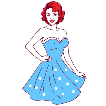 A red illustration features a woman with a vintage hairstyle styled in victory rolls. Her hair is elegantly rolled and pinned, creating a classic look. She is wearing a vibrant blue pin-up style dress that flares out at the waist, showcasing a playful design with a fitted bodice and a flared skirt. The dress has a sweetheart neckline and patterns of white polka dots throughout. The woman is posed confidently with one hand on her hip, and her expression is cheerful, embodying the charming essence of the pin-up aesthetic.