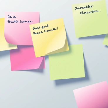 A collection of colorful sticky notes is arranged on a light gray wall. The sticky notes are in various colors, including bright pink, yellow, and green, with some overlapping each other. Each note has a slight curl at one corner, emphasizing their adherence to the wall, demonstrating the concept of friction. A few of the notes have handwritten reminders in black ink. The wall has a matte texture, contrasting with the glossy finish of the sticky notes. The overall scene is illuminated with soft, diffused light, highlighting the details of the notes and their positions on the wall.